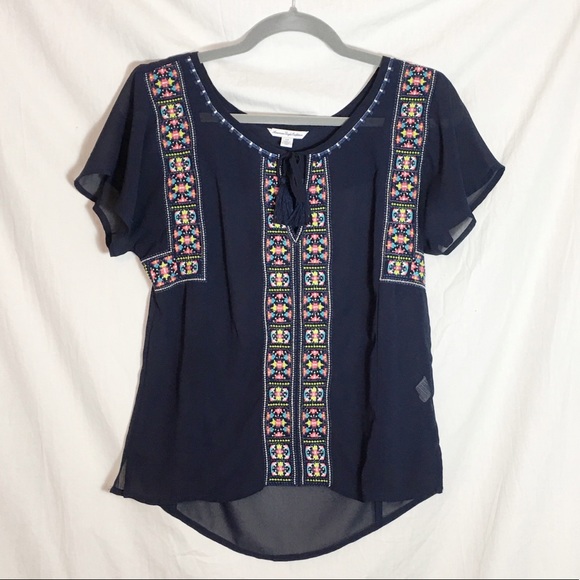 American Eagle Shear Navy Blue Peasant Blouse - Picture 1 of 5